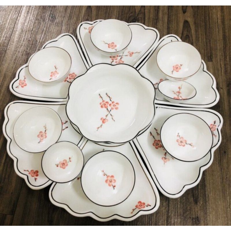 Bộ bát đĩa hoa mặt trời vẽ mai vàng,hoa đào hồng,đường kính 55cm - Hàng sứ Bát Tràng