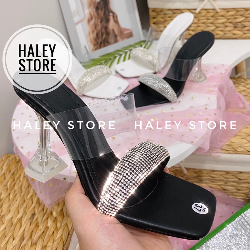 Guốc nữ HALEY STORE quai trong suốt đính đá xoàn lấp lánh gót ly 9cm mũi vuông sang chảnh tiểu thư rẻ bền êm