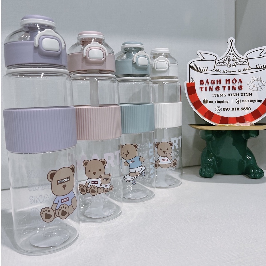 Bình nước nhựa 1100ml có ống hút họa tiết gấu đáng yêu màu sắc nhẹ nhàng, Bình đựng nước cute kèm sticker 2D _TingTing