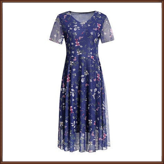 Đầm Tay Ngắn Cổ Chữ V In Họa Tiết Hoa Thời Trang Cho Nữ