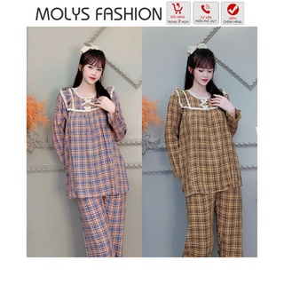Bộ bầu sau sinh cotton lụa cổ phối ren bèo vai viền gấu VM6662 khóa 2 bên cho con ti, vải kẻ caro, diện suốt thai kỳ