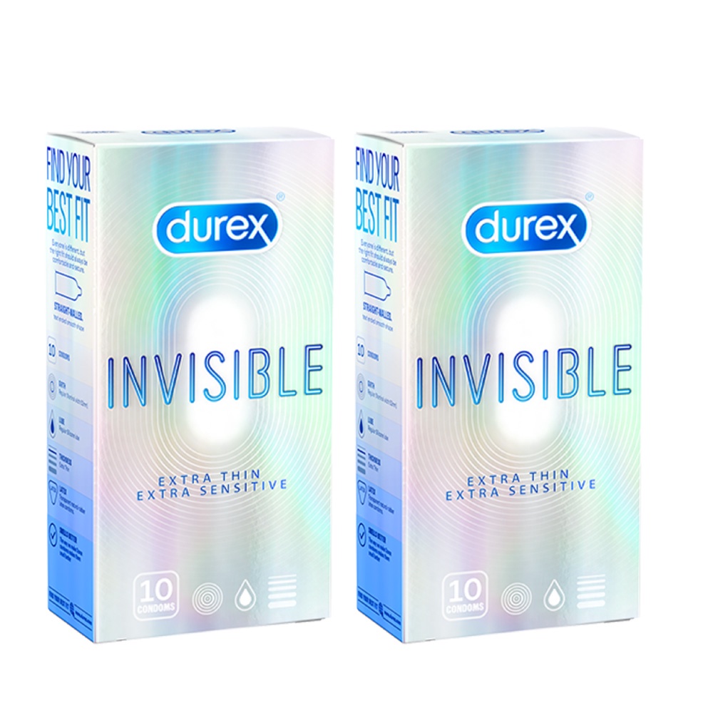 Bộ 2 hộp bao cao su Durex Invisible siêu mỏng, bôi trơn size 52mm, hộp 10 bao