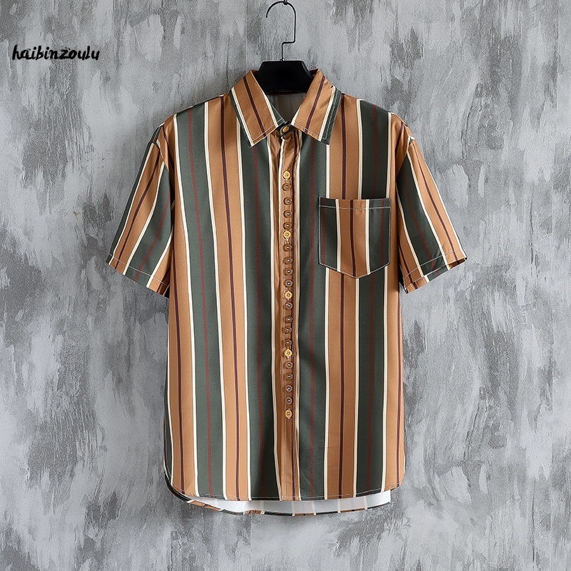Summer tide brand ins striped short-sleeved shirt for men, all-match loose Korean version trend beach flower shirt suit