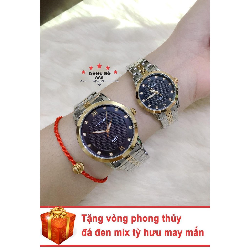 Cặp Đồng hồ đôi nam nữ Longbo dây kim loại thời thượng ( LB80478 dây trắng mặt đen ) - TẶNG 1 vòng tỳ hưu phong thuỷ
