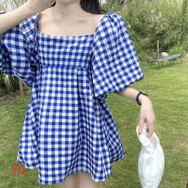 💃 Đầm Babydoll Nữ Kẻ Xanh Cổ Vuông. HANN's Closet. Váy Nữ Tay Bồng Dáng Xòe Tiểu Thư Xinh Đẹp