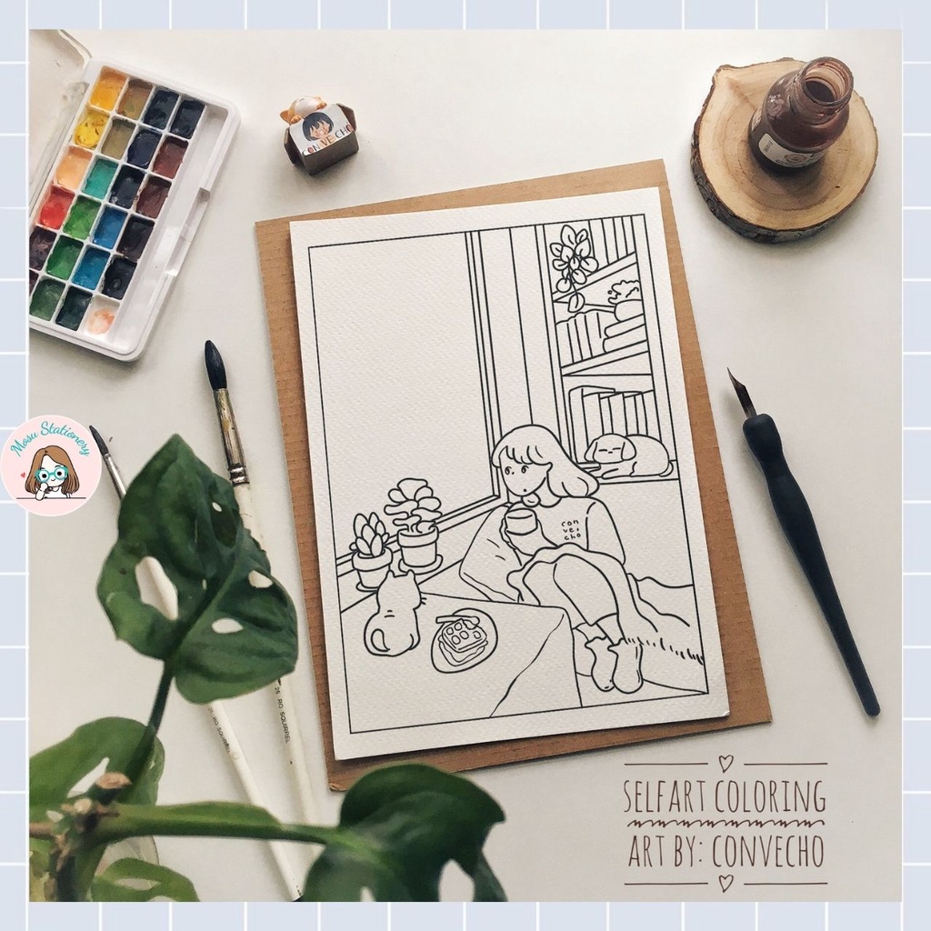 Tranh tô màu - "Sống với hoàng thượng" của hoạ sĩ Convecho, 5 tranh giấy coldpress 300gsm