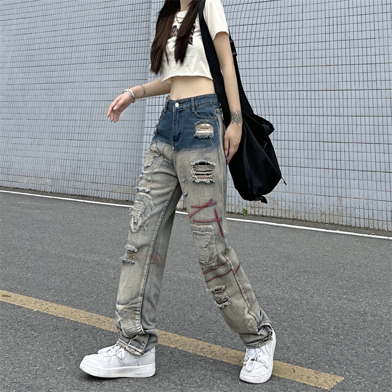 European and American high street patchwork torn jeans new fashion brand design sense small crowd pants fried Street pants for men and women