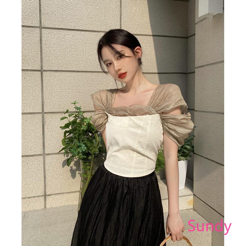 Áo Kiểu Trễ Vai Phối Lưới Thời Trang Mùa Hè Phong Cách Vintage Cho Nữ