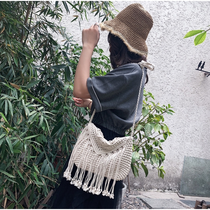 Túi dệt cotton thiết kế tua rua thời trang cho nữ