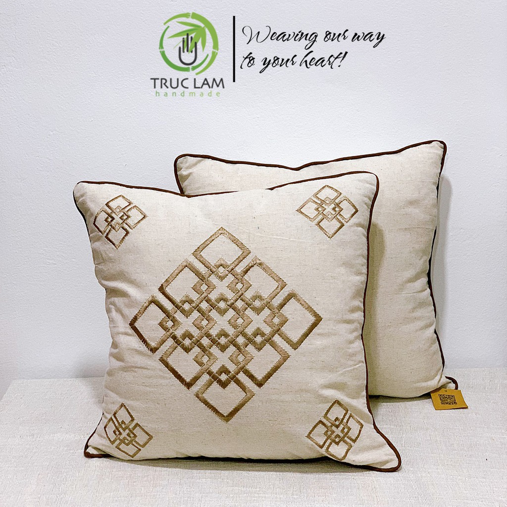 Gối/Vỏ Gối Vuông Tựa Lưng Sofa (45x45) Trang Trí Phòng  Vải Linen Thêu Thủ Công Hình Ô Vuông Kép - Trúc Lâm Handmade