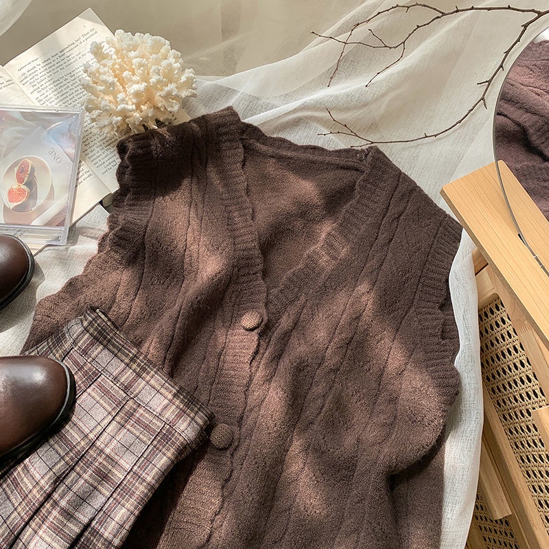 Áo Khoác cardigan Dệt Kim Không Tay Dáng Rộng Cổ Chữ V Phong Cách retro Hàn Quốc