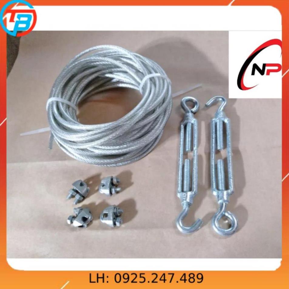 10Mét Cáp Bọc nhựa 6mm chịu lực căng cực tốt tặng kèm 2 tăng đơ,4ốc siết cáp.Sử dụng để gia cố ,neo chằng trong công trì