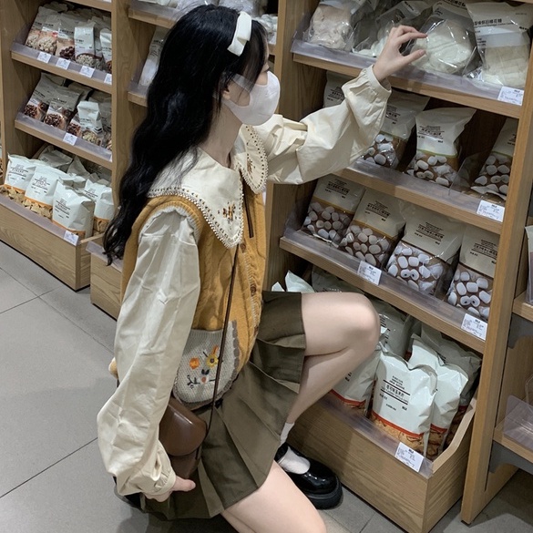 Áo khoác gile len nữ kiểu thêu hoa vintage, gile len nữ phối sơ mi form rộng cổ thêu 9133