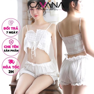 Đồ bộ nữ 2 dây, đồ ngủ nữ dễ thương phối ren cao cấp 100% cotton thoáng mát N18 - CAVANA STORE