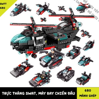 [680 Mảnh Ghép] BỘ TRỰC THĂNG SWAT, MÁY BAY CHIẾN ĐẤU, XE CẢNH SÁT, TÀU CHIẾN