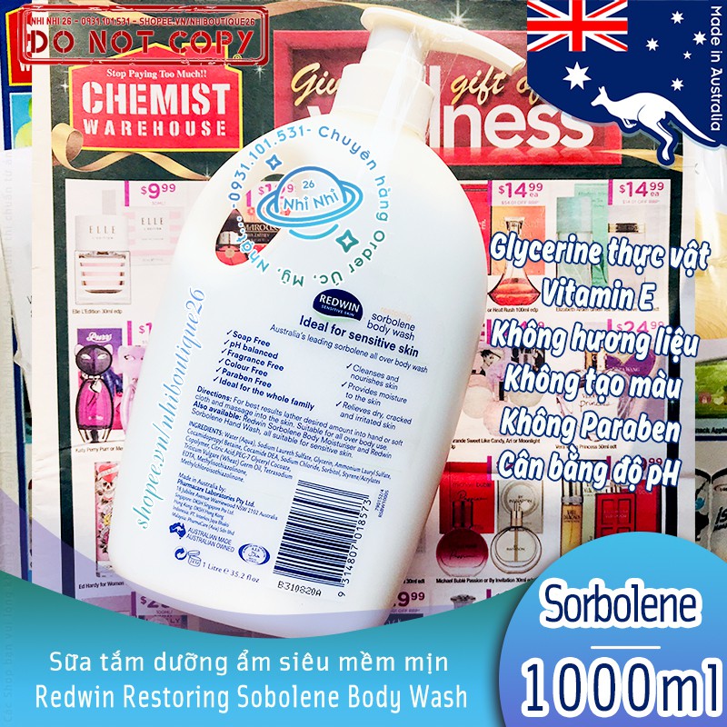 ❄️CÓ BILL ÚC❄️ Sữa tắm Dưỡng da dịu nhẹ Redwin Sorbolene Body Wash with Vitamin E 1 Lít ❄️ Chuẩn Chemist Warehouse ❄️