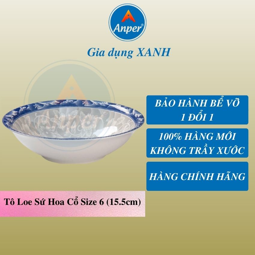 Combo 2 tô sứ 3 bát sứ ANPER dày size 15 18 20 cm ăn cơm gia đình và nhà hàng sang trọng an toàn