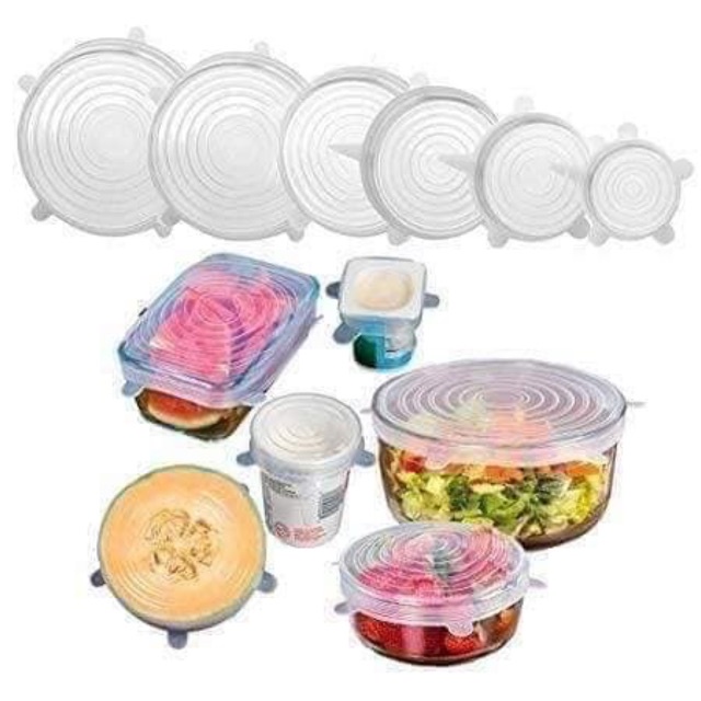 Bộ 6 nắp đậy sillicon co giãn bọc thực phẩm, hộp thức ăn trong tủ lạnh, lò vi sóng chuyên dụng