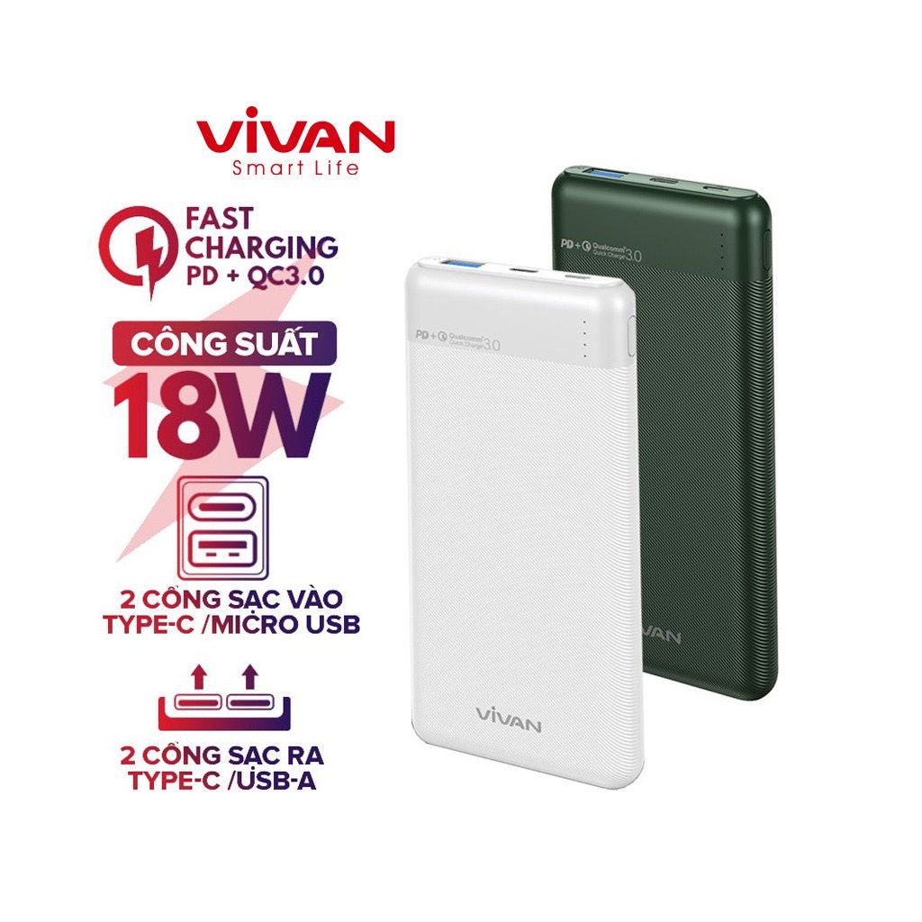 Pin Sạc Dự Phòng Chính Hãng 10000mAh VIVAN VPB-M10 Sạc Nhanh Chuẩn PD/QC3.0 18W 2 Output 2 Input BenZ Store