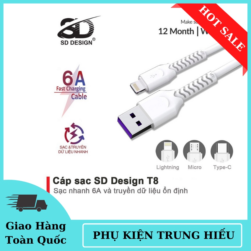 Cáp sạc SD DESIGN T8 giúp sạc nhanh thiết kế cực đẹp, cực bền