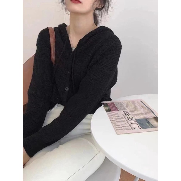 Áo Khoác cardigan Dệt Kim Có Mũ Dáng Rộng Màu Sắc Đơn Giản Thời Trang Thu Đông Cho Nữ