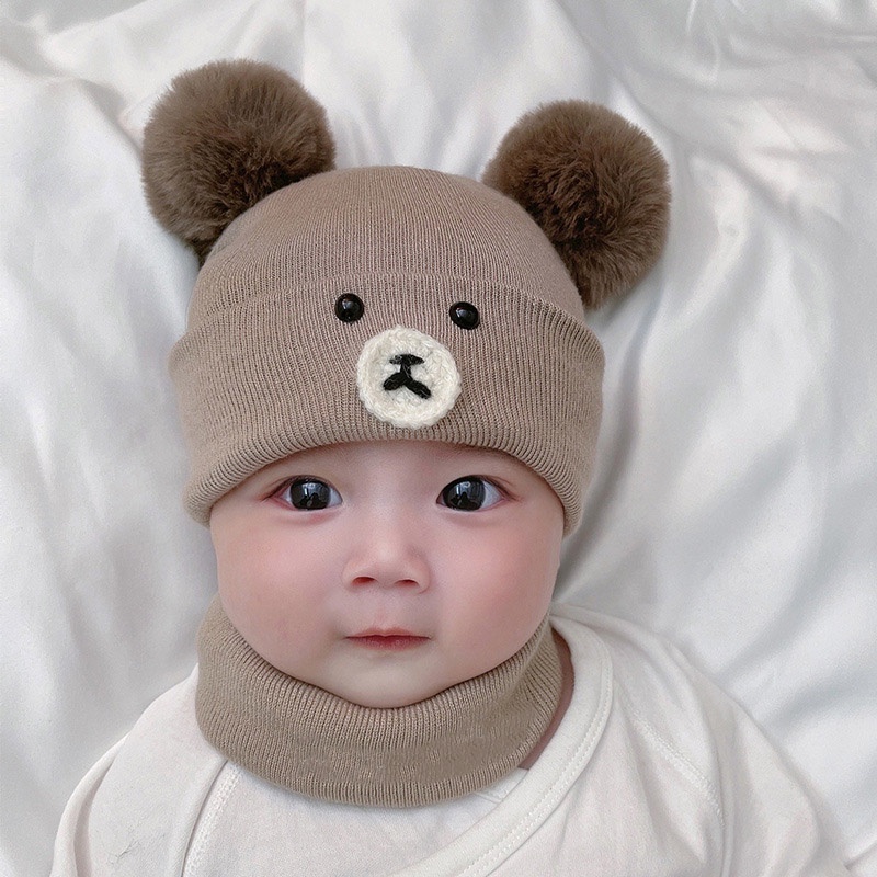 Mũ beanie Kèm Khăn Choàng Cổ Giữ Ấm Tai Hình Gấu Hoạt Hình Dễ Thương Cho Bé 0-2 Tuổi