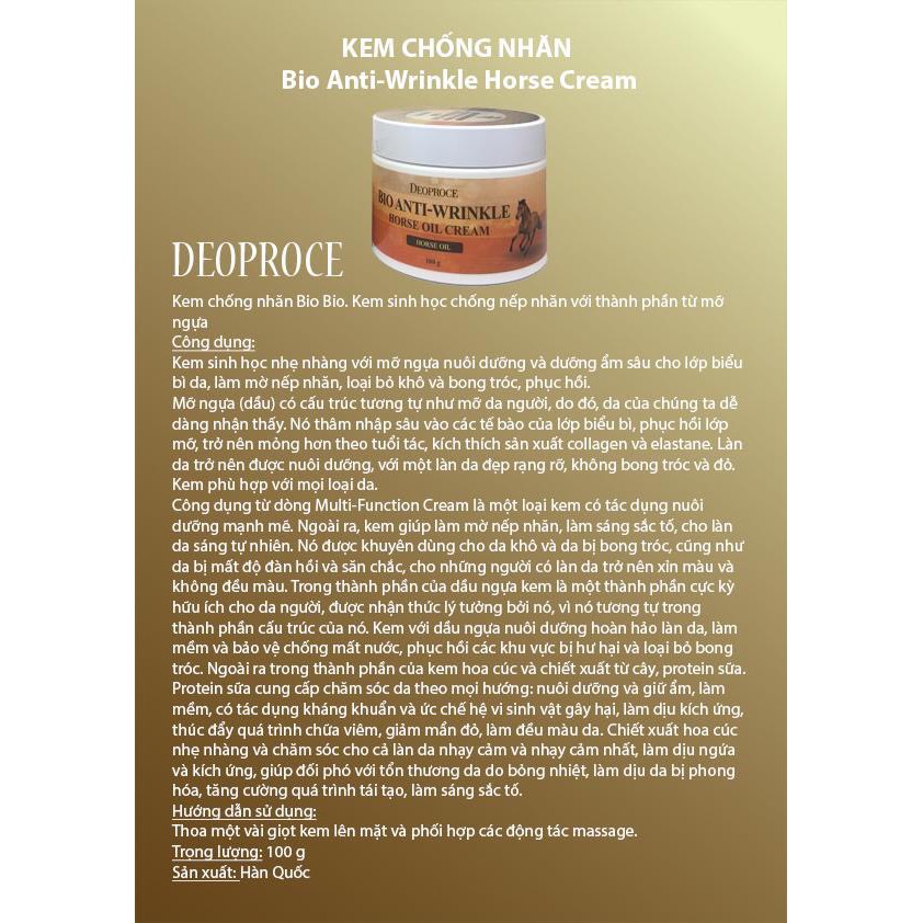 Kem Mỡ Ngựa Chống Nhăn Da Deoproce Bio Anti Wrinkle Horse Oil Cream 100_hàng chính hãng Hàn Quốc