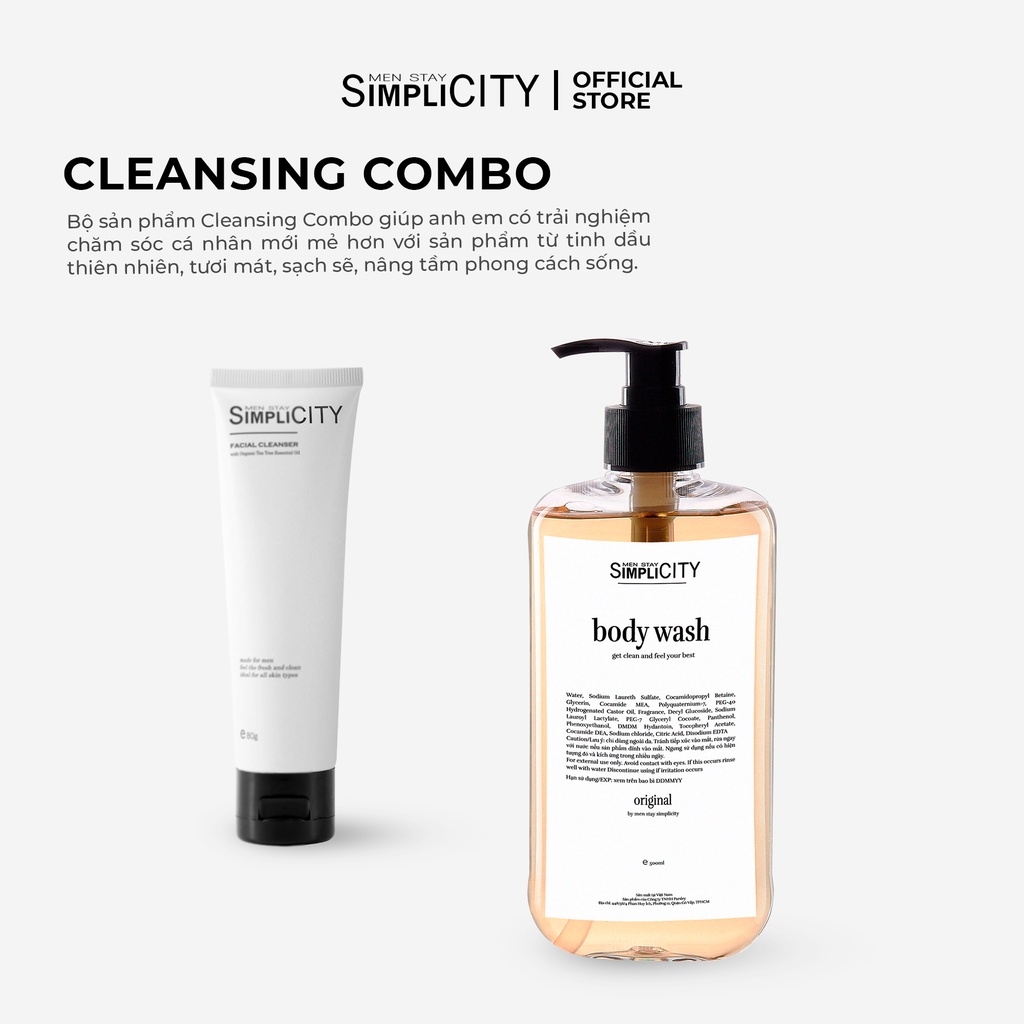 Bộ đôi Sữa rửa mặt và Sữa tắm tinh dầu cho nam - Men Stay Simplicity Cleansing Combo