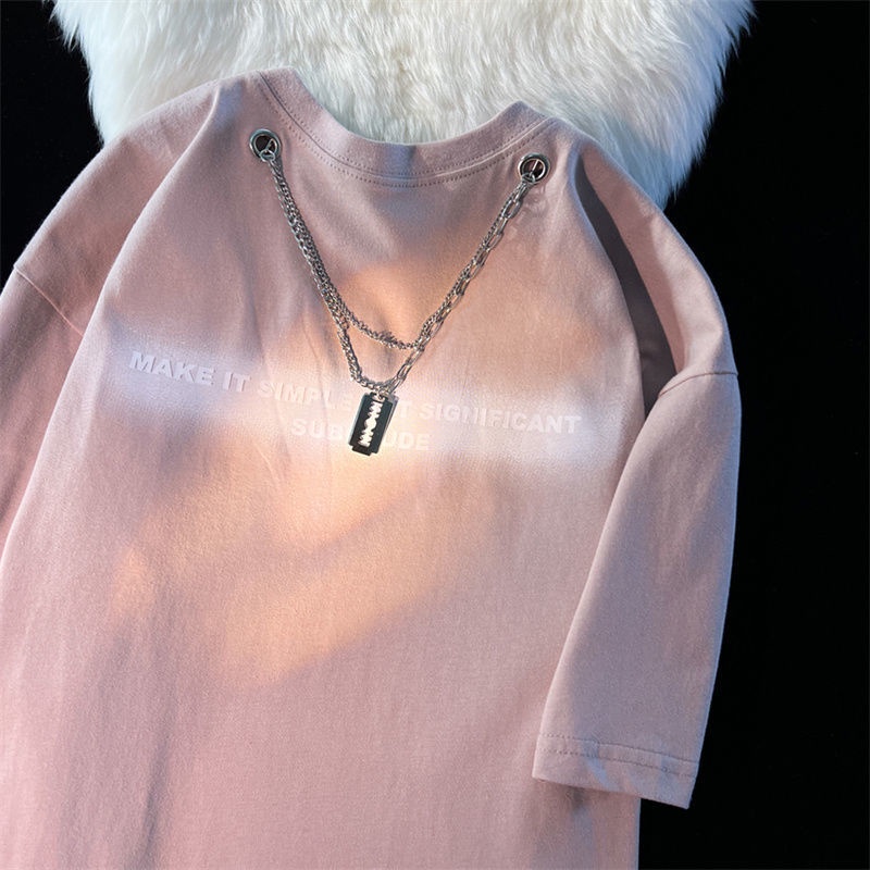 Áo Thun Cotton Ngắn Tay Dáng Rộng In Chữ Phối Dây Xích Kiểu Đường Phố Âu Mỹ Cá Tính Cho Nam Và Nữ