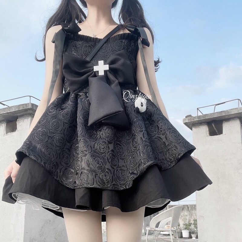 YAS0340-Set váy hoa hồng đen phong cách Trung Hoa cá tính