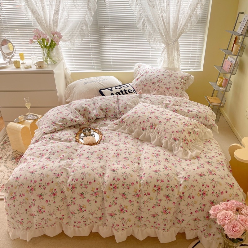 Bộ chăn ga cotton bèo hoa nhí vintage
