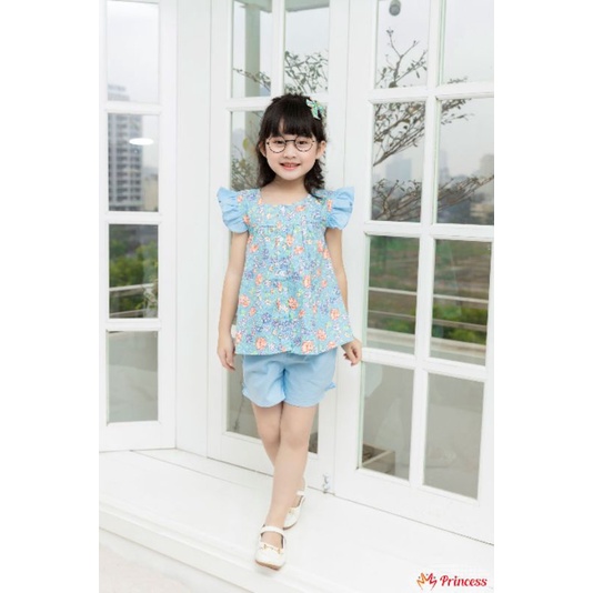 Bộ thô cho bé gái từ 8-21kg hoạ tiết hoa xanh mát