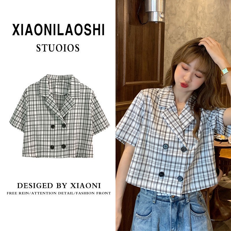 Fashion Women's Short Sleeve Shirt Korean Version Retro Plaid Top