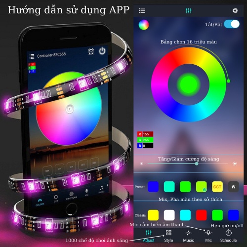Đèn dây Led RGB 16 triệu màu 5M điều khiển bằng điện thoại, nháy theo nhạc, trang trí decor phòng