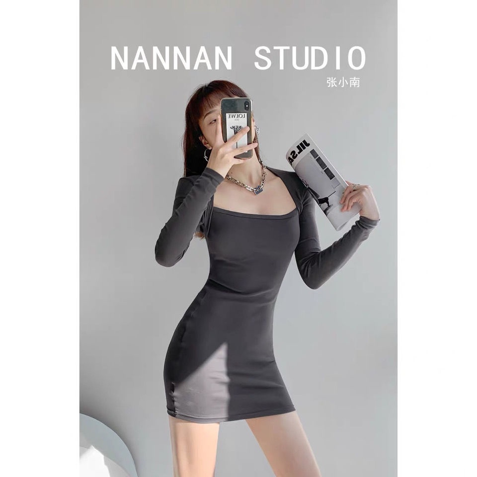 COZOK Đầm dệt kim tay dài cổ vuông ôm eo giả hai lớp thời trang cho nữ