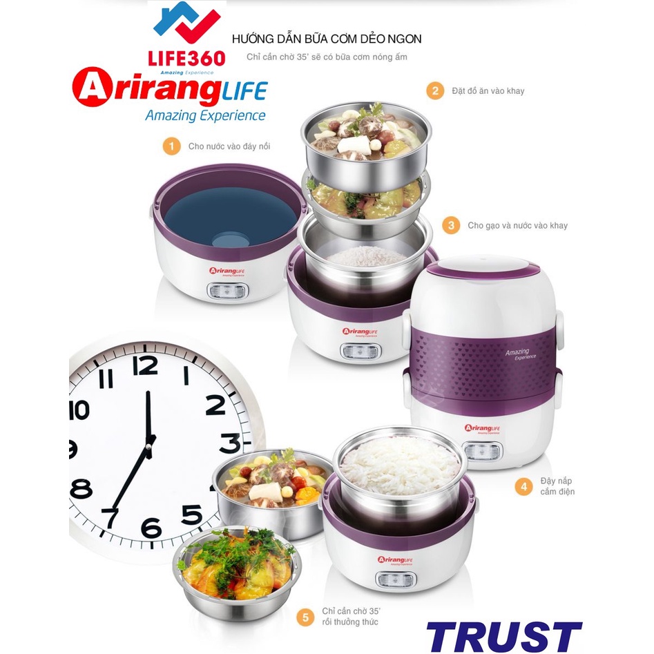 Hộp cơm cắm điện + hâm nóng 2 tầng Arirang Life360 EL-ALS263