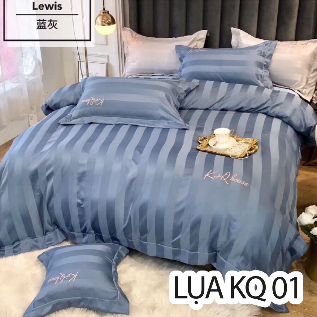 Trọn Bộ Chăn Ga Vỏ Gối Lụa Cotton Kẻ Sọc KQ - Ga Lụa Cao Cấp - Chữ Thêu