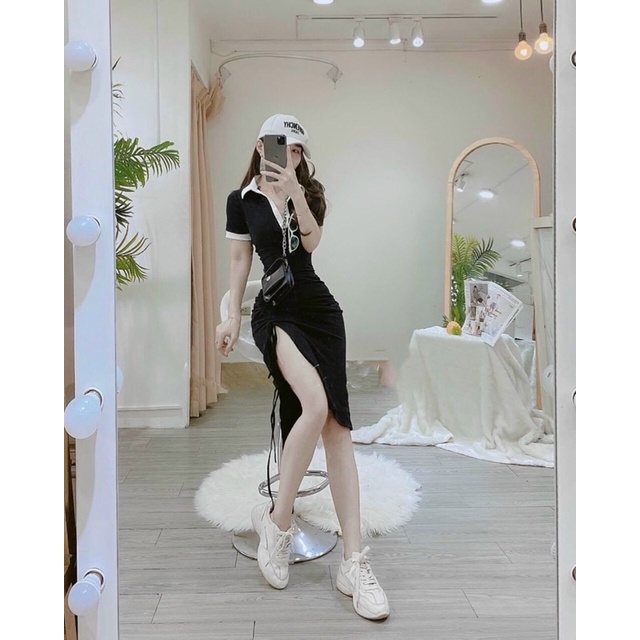 ĐẦM BODY CỔ BẺ DÂY RÚT XẺ TÀ DÁNG DÀI SEXY