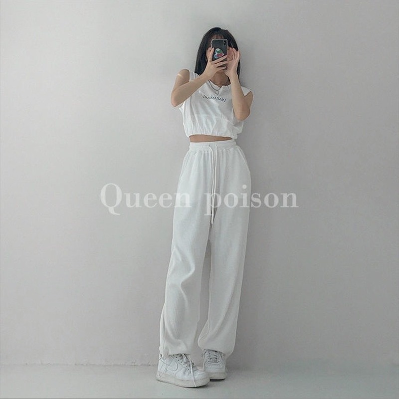 Quần dài thể thao lưng cao ống rộng thời trang cho nữ