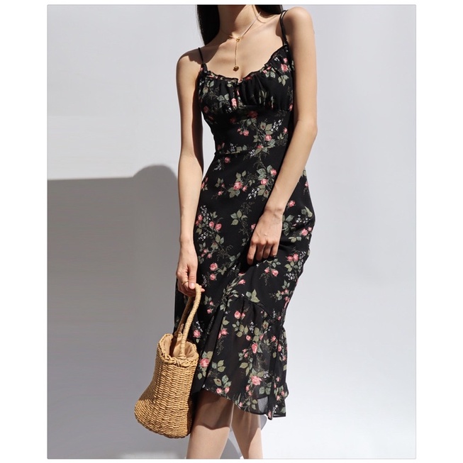 Váy hoa bi hồng hai dây - sẵn dài L