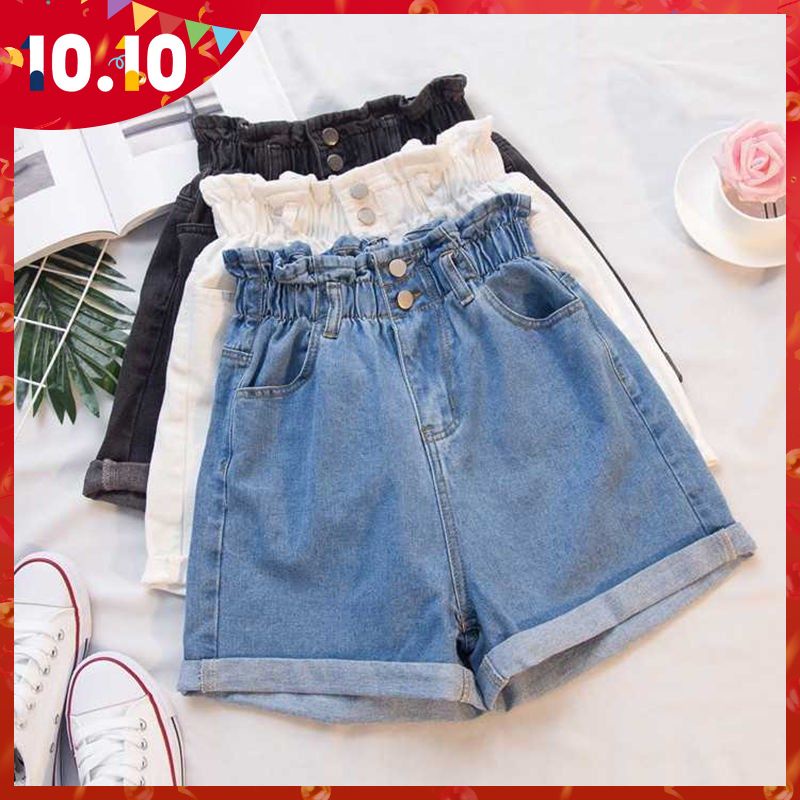 Quần short denim lưng thun cao thời trang mùa hè phong cách Hàn Quốc 2021
