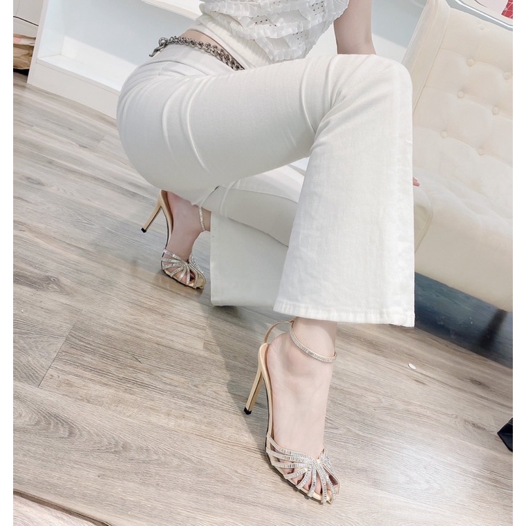 Sandal cao gót rọ đính đá mũi tròn jimicho mẫu mới fullbox Bill túi