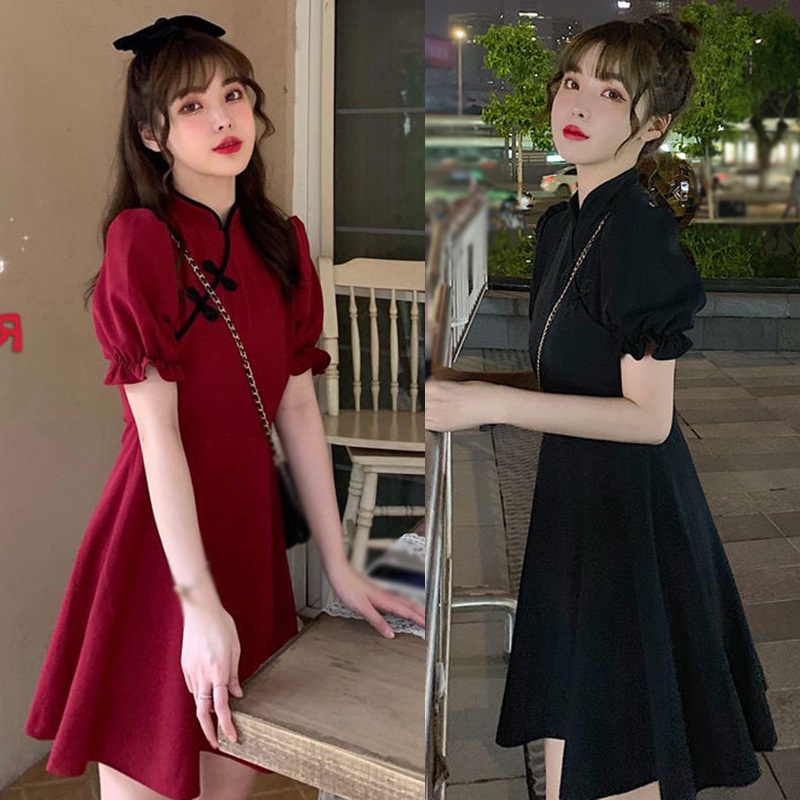 Đầm Sườn Xám Tay Ngắn Màu Sắc Trơn Thời Trang Xinh Xắn Cho Nữ