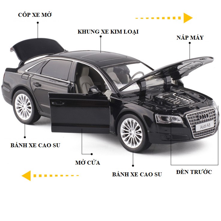 Mô hình xe ô tô Audi A8 tỉ lệ 1:32 bằng kim loại - Xe có đèn và âm thanh mở cửa xe, nắp máy và cốp xe