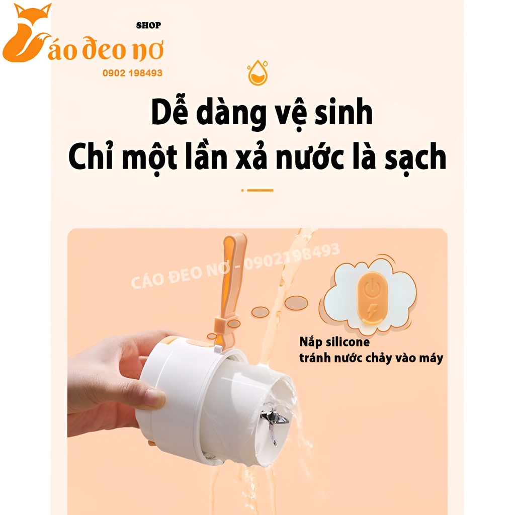 Máy Xay Sinh Tố Mini Cầm Tay Zhenmi Sạc Pin, Xay Được Đá Viên - Cáo Đeo Nơ