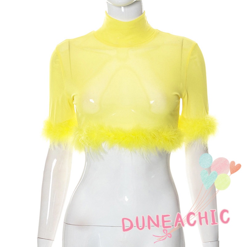 DUNEA Áo Croptop Tay Ngắn Phối Lưới Thiết Kế Cổ Cao Thanh Lịch