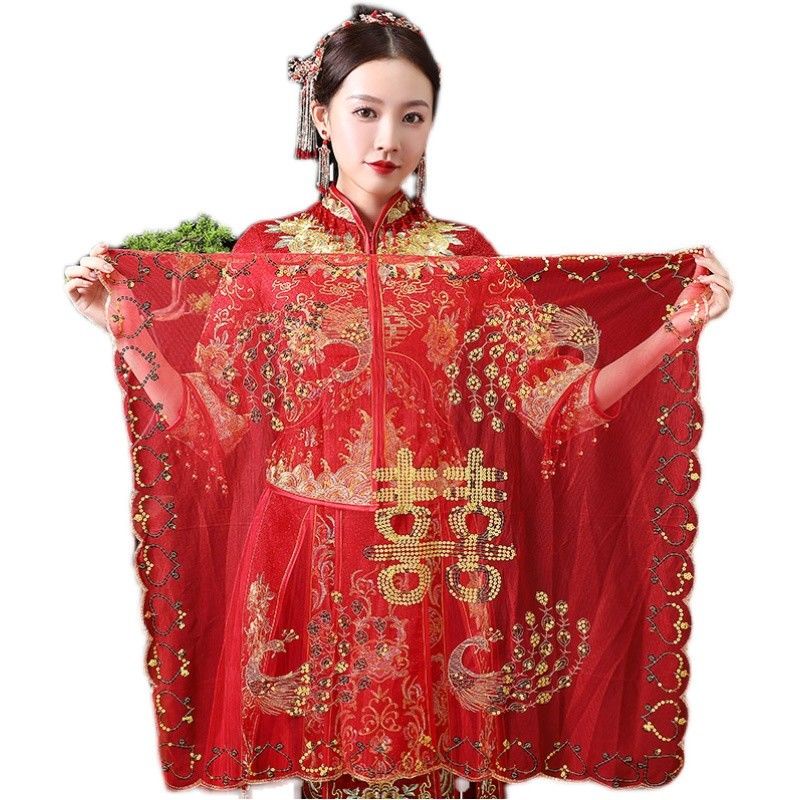 [Aishang Trang Sức Đẹp] Khăn Trùm Đầu Cô Dâu Phong Cách Trung Hoa Xiuhe Phối Ren Lưới Trong Mờ Hình Chim Phượng Hoàng Bịt Mắt Đỏ He Che Phủ Mạng Che Mặt Cô Dâu Xipa Phong Cách