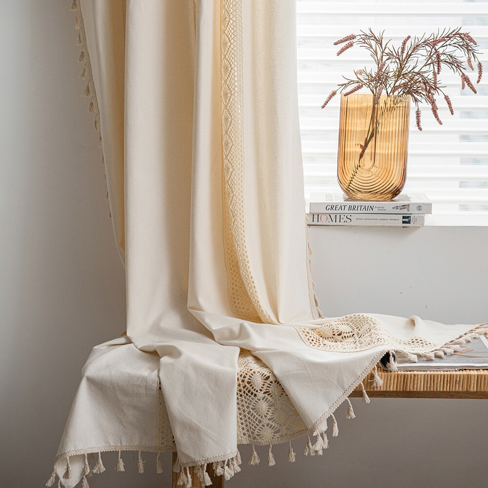 Rèm cửa sổ Vải Cotton Lanh Phối Tua Rua Sáng Tạo Trang Trí Nhà Cửa