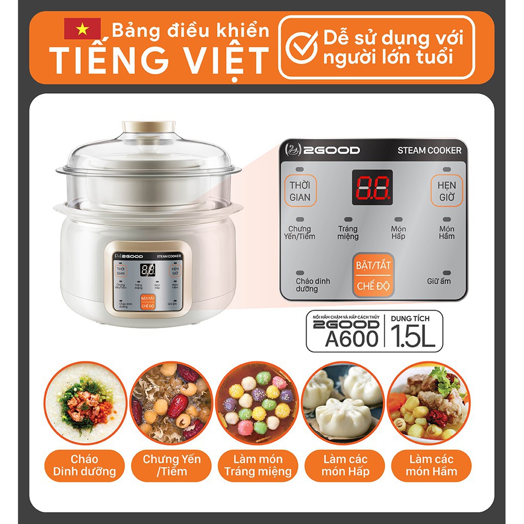 [BẢO HÀNH CHÍNH HÃNG] Nồi Hầm Cháo Cách Thủy 2 tầng 2GOOD A600 (1.5L) Bàn phím Tiếng Việt