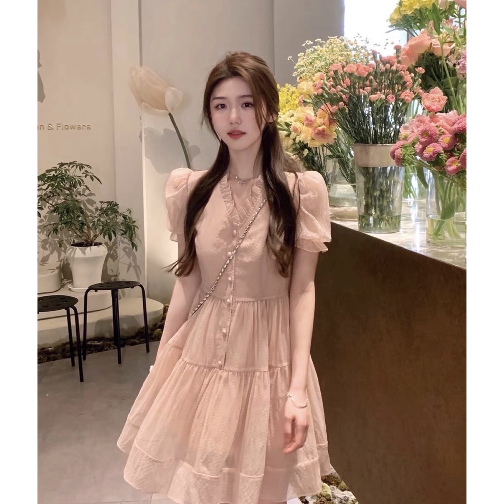 Đầm Nữ, Váy Nữ Cổ Chữ V Tay Bồng Màu Hồng Pastel Có Khuy